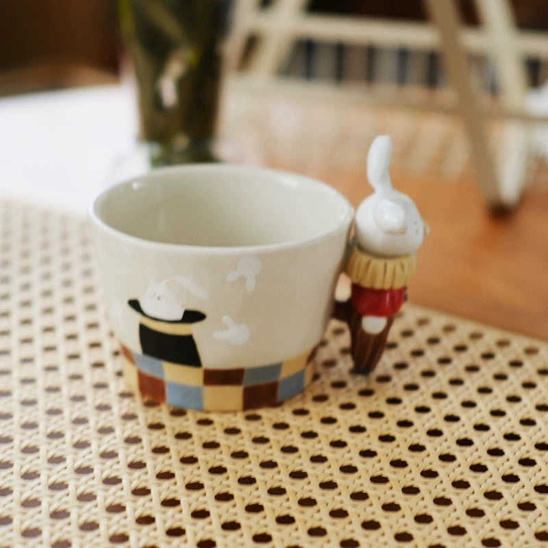 Handcrafted Ceramic Bunny Mug — 3D Sculpted Handle, Hand-Painted Design