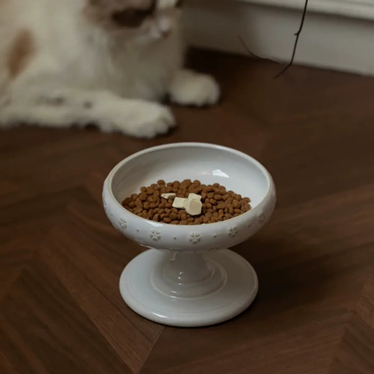 Raised Ceramic Cat Bowl with Floral Pedestal Stand